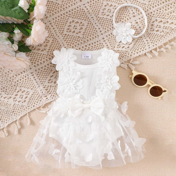 ZHOGXU Kids Girls Romper Dress Sleeveless Round Neck Solid Color Ribbed Bowknot Comfortable Fashion Bodysuits Headband For Daily Wear,White,3-6 Months