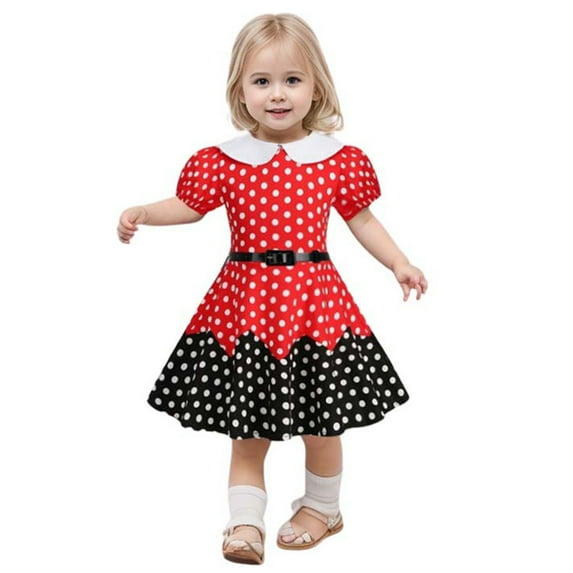 ZHOGXU Kid Girl Dress With Polka Dot For Kids Girls Color Block Puff Sleeve Princess Dress With Belt Summer Casual Daily Wear,Red,5-6 Years