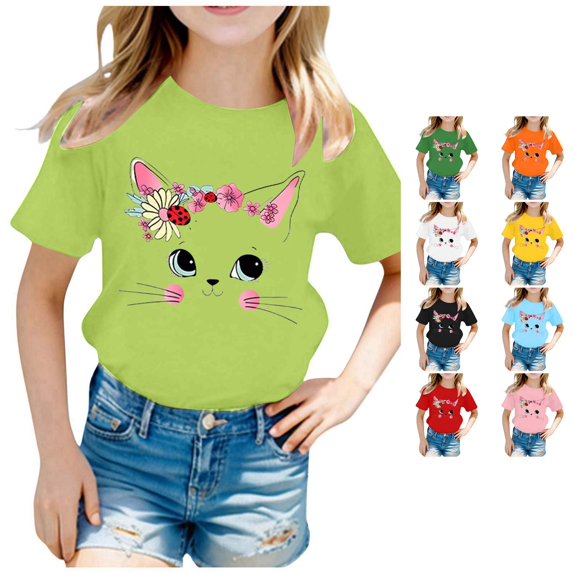 ZHOGXU Kid Girls T Shirt Short Sleeve Round Neck Cute Cartoon Printed Fashion Summer Casual Loose Soft Tee Tops For Daily Wear,Light Green,6-8 Years
