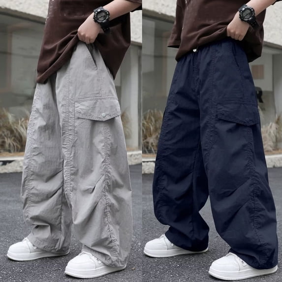ZHOGXU Kids Boys Cargo Pants High Waisted Solid Color Wide Leg Loose Fit Comfortable Trousers With Pockets For Everyday Wear,Navy,13-14 Years