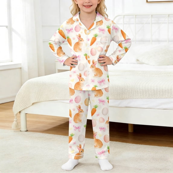 ZHOGXU Kids Boys Girls Outfit Easter Rabbit Print Long Sleeve Lapel Buttons Top And Pants Comfortable Breathable Set Sleepwear For Everyday Wear,White,3-4 Years