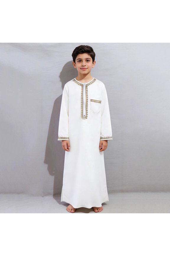 Kids Boys Romper Long Sleeve Round Neck Half Zipper Embroidered Ethnic Comfortable Jumpsuit Robe With Pockets For Daily Wear,White,2-3 Years