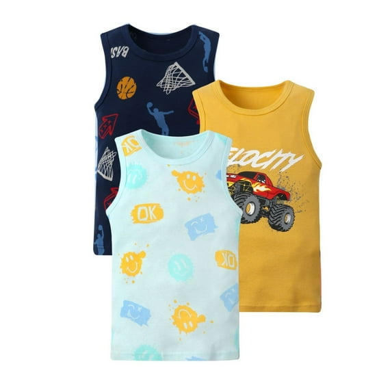 ZHOGXU Kids Boys Summer Tank Top 3-Pack Cartoon Print Sleeveless Round Neck Comfortable Breathable Vest For Daily Wear,Yellow1,6-7 Years