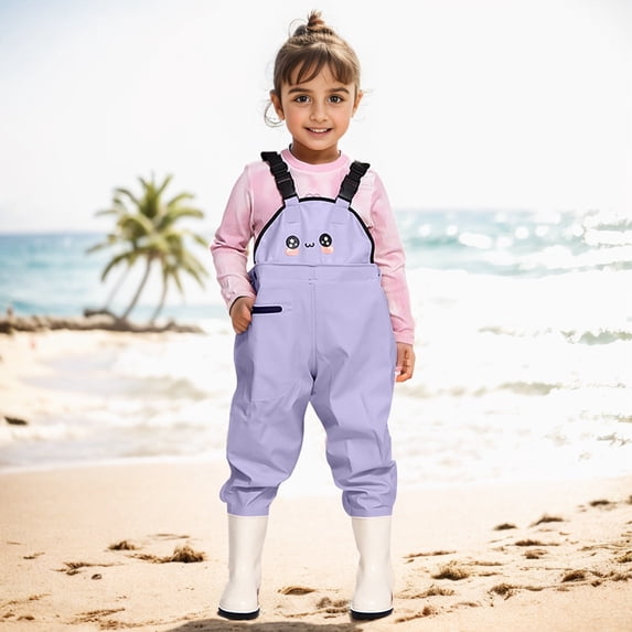 ZHOGXU Kids Children Girls Boys Romper Sleeveless Adjustable Straps Fishing Water Proof Jumpsuit With Rain Boots For Outdoor Activities,Purple,8-9 Years