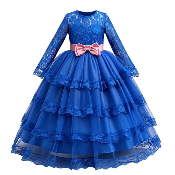ZHOGXU Kids Elegant Girls Princess Dress Lightweight Mesh Layered Gown With Long Sleeve Soft Satin Bow Belt Birthday Party Outfit