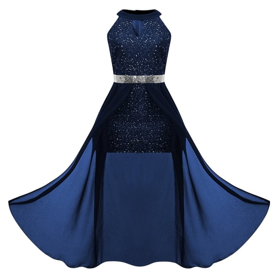 ZHOGXU Kids Elegant Girls Sleeveless Halter Neck Color Block High Waist Sequin High-Low Tulle Keyhole Waistband Princess Dress Nice For Party And Dance