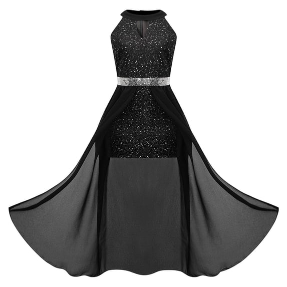 ZHOGXU Kids Elegant Girls Sleeveless Halter Neck Color Block High Waist Sequin High-Low Tulle Keyhole Waistband Princess Dress Special Occasions