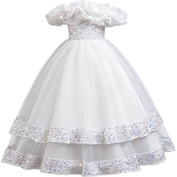 ZHOGXU Kids Elegant Girls Sparkly Lace Layered Off Layer Princess Dress Glitter Formal Gown Nice For Party And Dance