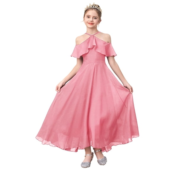 ZHOGXU Kids Elegant Solid Color Dresses For Girls Flutter Sleeve Halter Neck Ruffled Formal Gown Birthday Party Outfit