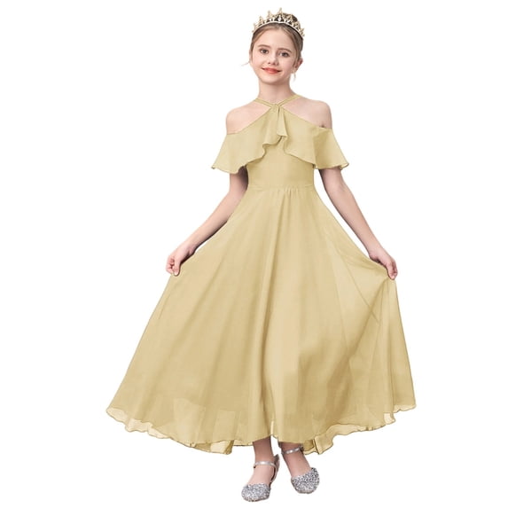 ZHOGXU Kids Elegant Solid Color Dresses For Girls Flutter Sleeve Halter Neck Ruffled Formal Gown Nice For Party And Dance