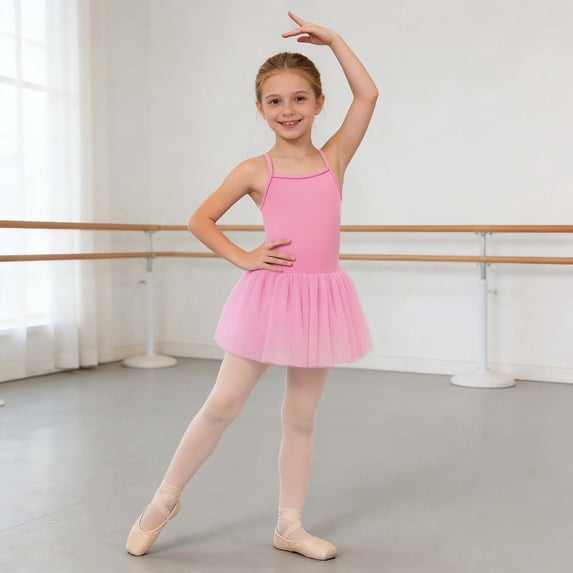 ZHOGXU Kids Girls Ballet Dress Sleeveless Solid Color Spaghetti Strap Sparkly Sequins Comfortable Breathable Mesh Dance Dress For Training,Pink,4-5 Years