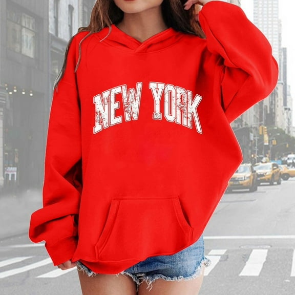 ZHOGXU Kids Girls Boys Hoodies With Pocket Long Sleeve Letter Print Soft Loose Sweatshirt For Autumn Winter Daily Wear Red 13-14 Years