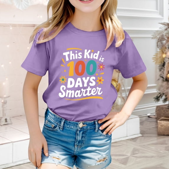 ZHOGXU Kids Girls Boys T Shirts Short Sleeve Crew Neck Back To School Letter Print Loose Fit Comfortable Top Tees For Casual Daily Wear,Purple,1-2 Years