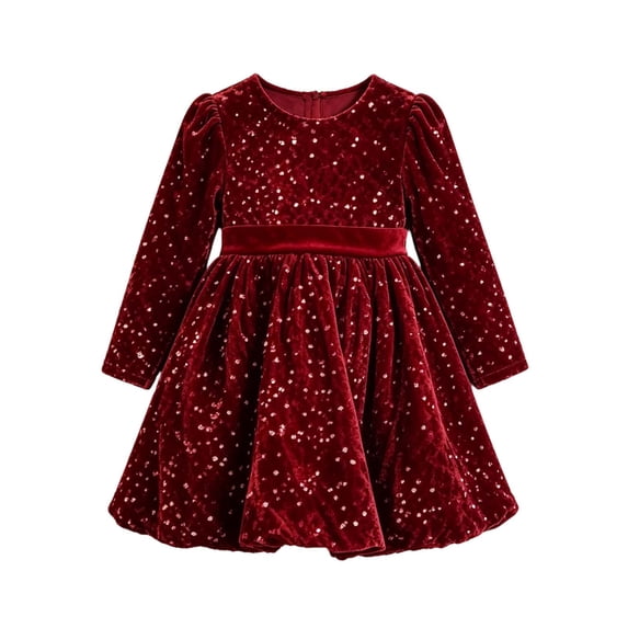 ZHOGXU Kids Girls Long Sleeve O Neck Red Velvet Sequin Belt A-Line Dress Nice For Party And Dance