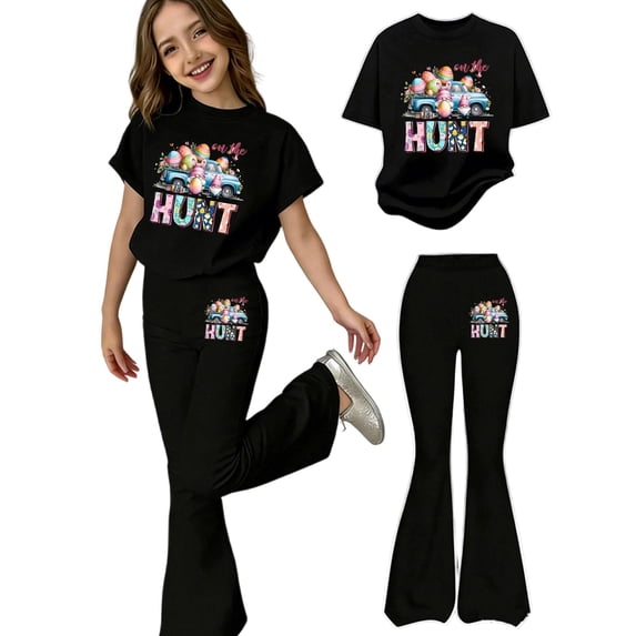 ZHOGXU Kids Girls Outfit Short Sleeve Round Neck Easter Bunny Print Top And Flare Leg Pants Two Piece Comfortable Stylish Sets For Casual Daily Wear,Black,9-10 Years