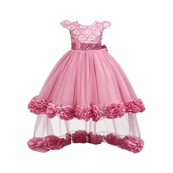 ZHOGXU Kids Girls Sparkly Short Sleeve O Neck Lace Trim Wedding Dress Puffy Formal Gown With Bow Special Occasions