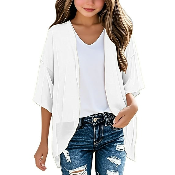 ZHOGXU Kids Girls Summer Cardigan Tops Solid Color Open Front Short Sleeve Comfortable Lightweight Sun Protection Tee For Everyday Wear,White,5-6 Years