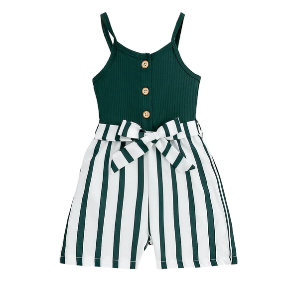 ZHOGXU Kids Girls Summer Casual Romper Sleeveless Striped Button Front Strappy Jumpsuit Comfortable Breathable Stylish Bodysuits,Green,5-6 Years