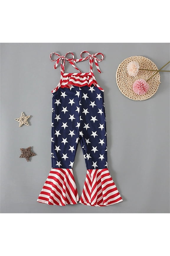 Kids Girls Summer Romper Sleeveless Suspenders Star Print Comfortable Stylish Flare Pants Jumpsuit For Casual Daily Wear,Multicolour1,9-12 Months
