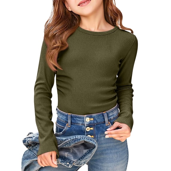 ZHOGXU Kids Girls T Shirts Long Sleeve Crew Neck Solid Color Ribbed Stretch Comfortable Slim Fit Basic Tee Top For Casual Daily Wear,Army Green,7-8 Years