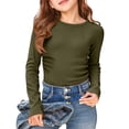 thumbnail image 1 of ZHOGXU Kids Girls T Shirts Long Sleeve Crew Neck Solid Color Ribbed Stretch Comfortable Slim Fit Basic Tee Top For Casual Daily Wear,Army Green,9-10 Years, 1 of 4