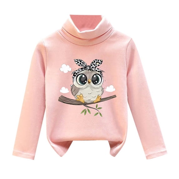 ZHOGXU Kids Girls Tops Long Sleeve Turtleneck Cartoon Print Plush Lined Comfortable Stylish Tee Pullover For Casual Daily Wear Pink 12-18 Months