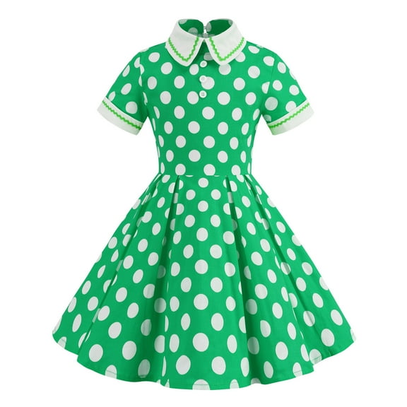 ZHOGXU Kids Girls Vintage Polka Dot Dress Short Sleeve Turn Down Collar Swing Dress Party Dress,Green,3-4 Years