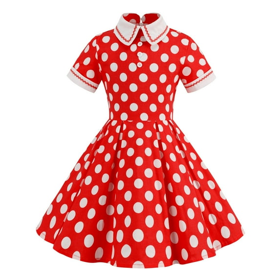 ZHOGXU Kids Girls Vintage Polka Dot Dress Short Sleeve Turn Down Collar Swing Dress Party Dress，Red，5-6 Years