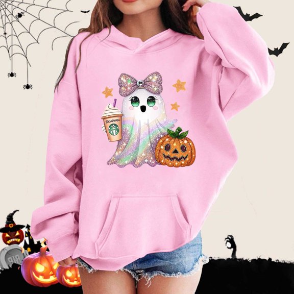 ZHOGXU Kids Halloween Boys Girls Hoodies With Pocket Long Sleeve Ghost Pumpkin Print Fashion Comfortable Sweatshirt For Casual Daily Wear Pink 3-4 Years