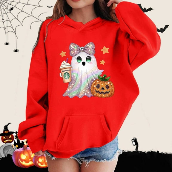 ZHOGXU Kids Halloween Boys Girls Hoodies With Pocket Long Sleeve Ghost Pumpkin Print Fashion Comfortable Sweatshirt For Casual Daily Wear Red 3-4 Years