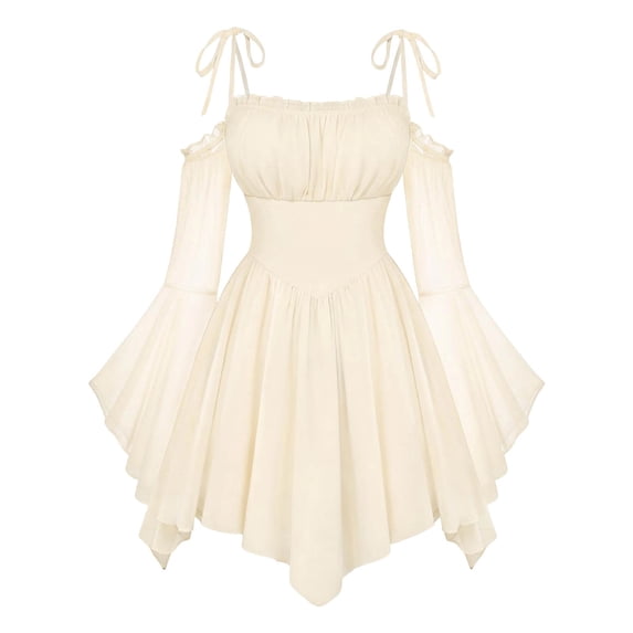 ZHOGXU Kids Summer Lightweight Girls Long Sleeve Beige Bodice Ruffled Tie Straps Princess Dress Nice For Party And Dance