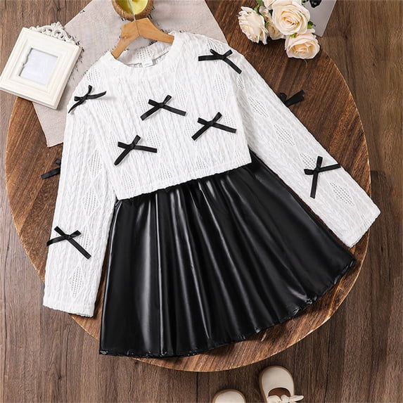 ZHOGXU Kids Teen Girls Outfits Long Sleeve Bow Design Tops And Skirt Two Piece Comfortable Sets For Casual Daily Wear,White,7-8 Years