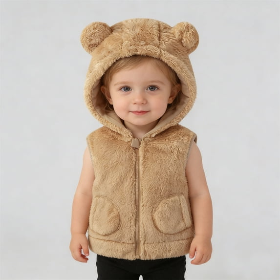 ZHOGXU Kids Teens Girls Hooded Vest Sleeveless Solid Color Zip Up Plush Soft Comfortable Warm Jacket With Pockets For Indoor Outdoor Wear,Gold,2-3 Years