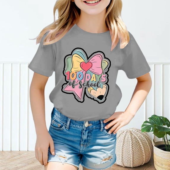 ZHOGXU Kids Girls T Shirts Short Sleeve Crew Neck Back To School Graphic Print Loose Fit Comfortable Top Tees For Casual Daily Wear,Grey,6-7 Years