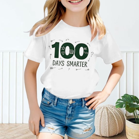 ZHOGXU Kids Girls T Shirts Short Sleeve Crew Neck Back To School Graphic Print Loose Fit Comfortable Top Tees For Casual Daily Wear,White,8-9 Years