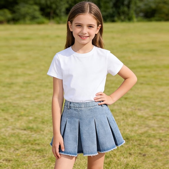 ZHOGXU Kids Toddler Girls Denim Skirt Elastic Waist Solid Color A Line Side Zipper Comfortable Fashion Mini Pleated Skirt For School And Daily Wear,Light Blue,9-10 Years