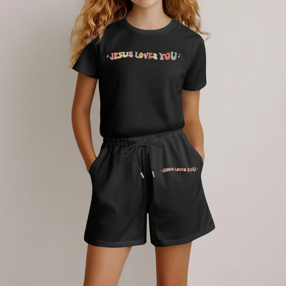 ZHOGXU Kids Toddler Girls Outfits Short Sleeve Letter Print Tops And Shorts Comfortable Fashion Loose Fit Set For Casual Daily Wear,Black,9-10 Years