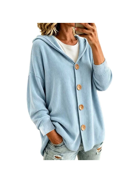 Lightweight Cardigans For Women Textured Knit Long Sleeve Button Down Hoodie Sweater Fall Winter Comfy Jacket,Blue,M