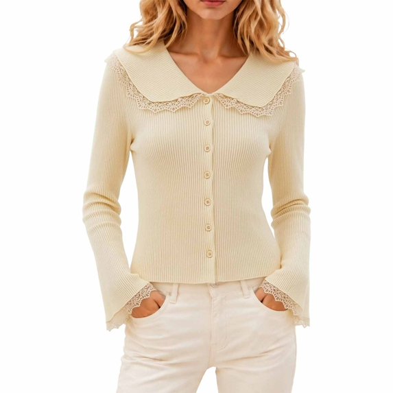 ZHOGXU Lightweight Knit Cardigan For Women Lace Trim Turndown Collar Button Front Sweater Jacket Fancy,Outdoor Shopping,Light Yellow,M