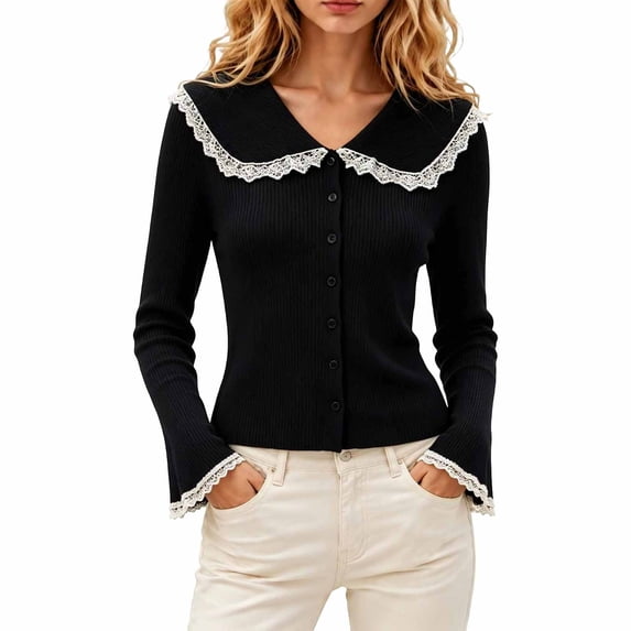 ZHOGXU Lightweight Knit Cardigan For Women Lace Trim Turndown Collar Button Front Sweater Jacket Stylish,Vacation,Black,S