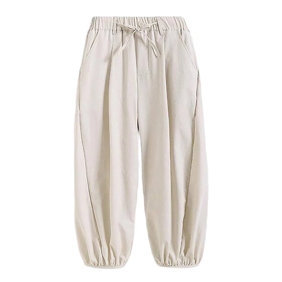ZHOGXU Lightweight Solid Color Elastic Waist Drawstring Wide Leg Kids Capri Girls Pants With Pocket Back To School Wear