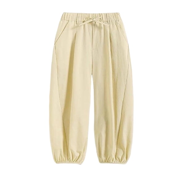 ZHOGXU Lightweight Solid Color Elastic Waist Drawstring Wide Leg Kids Capri Girls Pants With Pocket Comfortable Everyday Wear