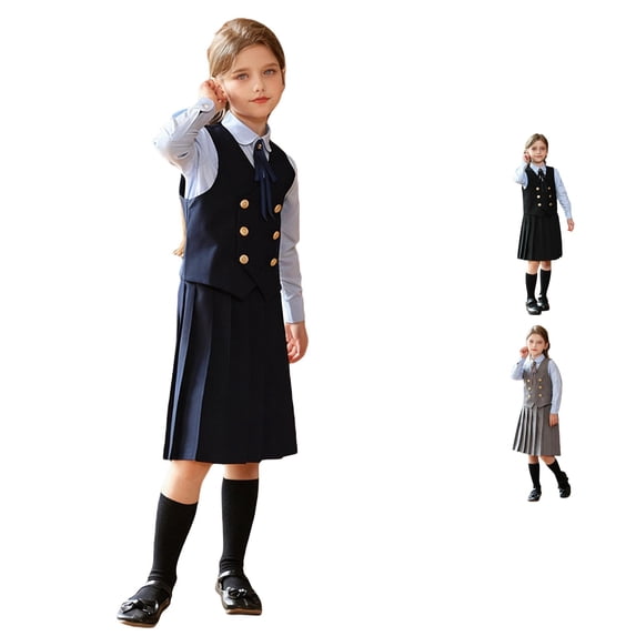 ZHOGXU Little Girls 3 Piece School Uniform Set Long Sleeve Button Down Shirt Vest Pleated Skirt Formal Party Outfit For Daily Wear,5-6 Years
