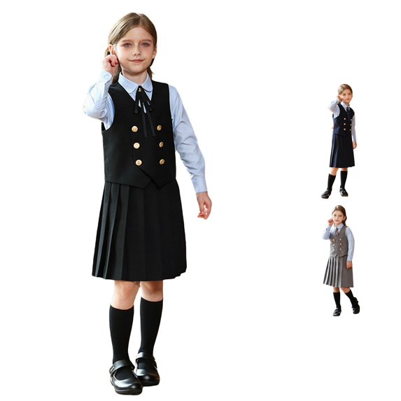 ZHOGXU Little Girls 3 Piece School Uniform Set Long Sleeve Button Down Shirt Vest Pleated Skirt Formal Party Outfit For Daily Wear,13-14 Years