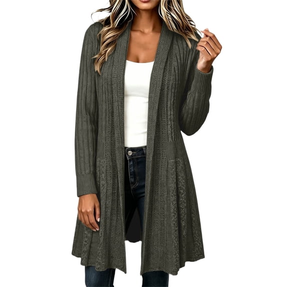 ZHOGXU Long Cardigans For Women Knit Long Sleeve Pleated Waist Sweater Outerwear Autumn Winter Casual Coat,Dark Gray,XL
