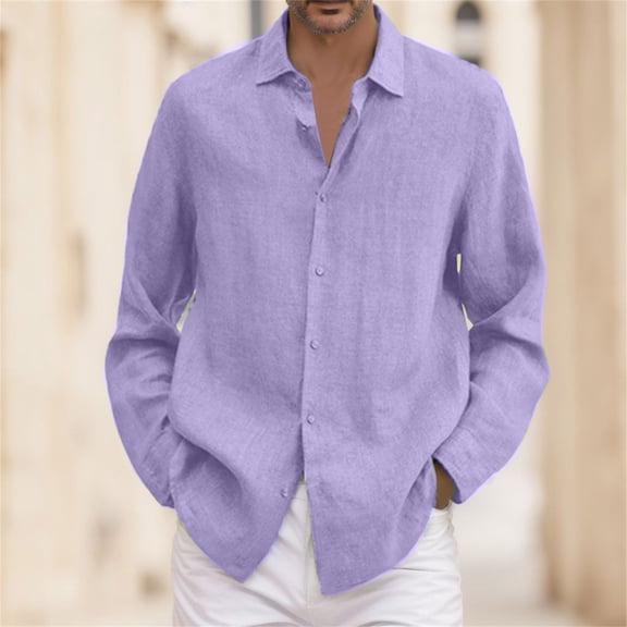 ZHOGXU Male Summer Shirts Cotton Linen Button Down Solid Color Long Sleeve Turndown Collar Breathable Plus Size Loose Tee Top For Daily Wear,Purple,L