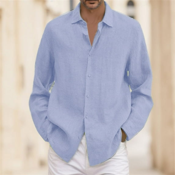 ZHOGXU Male Summer Shirts Cotton Linen Button Down Solid Color Long Sleeve Turndown Collar Breathable Plus Size Loose Tee Top For Daily Wear,Light Blue,Xxl
