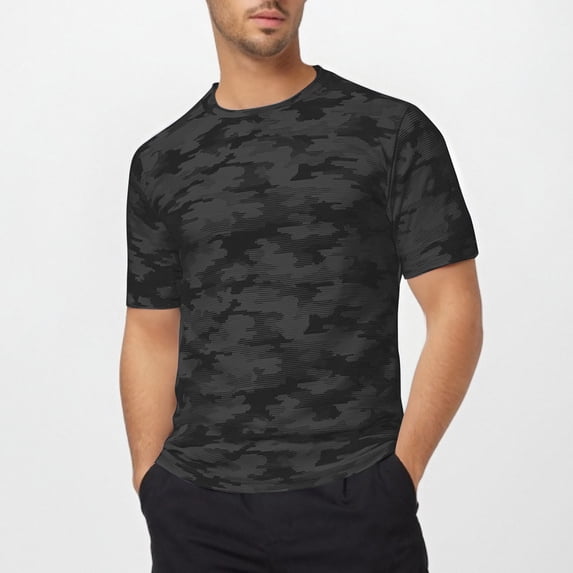 ZHOGXU Male T Shirt Summer Short Sleeved Crew Neck Camouflage Print Workout Sports Breathable Top For Outdoor Activities,Black,S