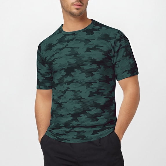 ZHOGXU Male T Shirt Summer Short Sleeved Crew Neck Camouflage Print Workout Sports Breathable Top For Outdoor Activities,Dark Green,L
