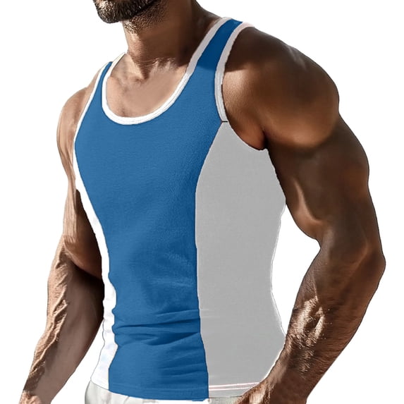 ZHOGXU Male Tank Top Summer Sleeveless Round Neck Color Block Fashion Breathable Vest For Outdoor Activities,Blue,L